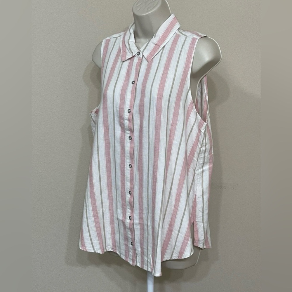 Splendid Women’s Pink Striped Sleeveless Soft Button Up Collared Linen Shirt L - Picture 4 of 9
